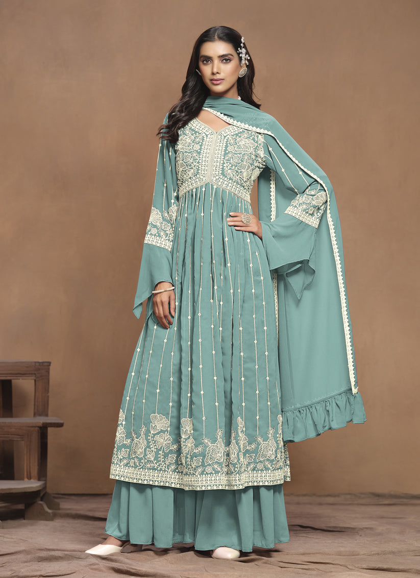 Teal Mint Faux Georgette Embroidered Palazzo Kameez Suit