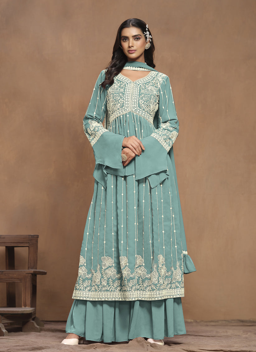 Teal Mint Faux Georgette Embroidered Palazzo Kameez Suit