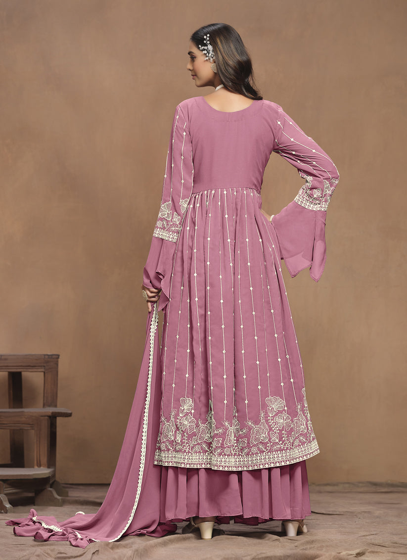 Puce Pink Faux Georgette Embroidered Palazzo Kameez Suit