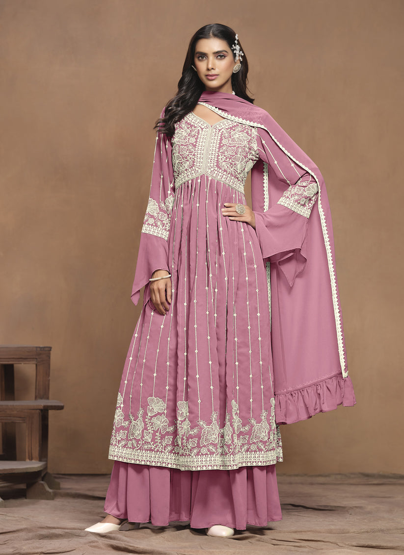 Puce Pink Faux Georgette Embroidered Palazzo Kameez Suit