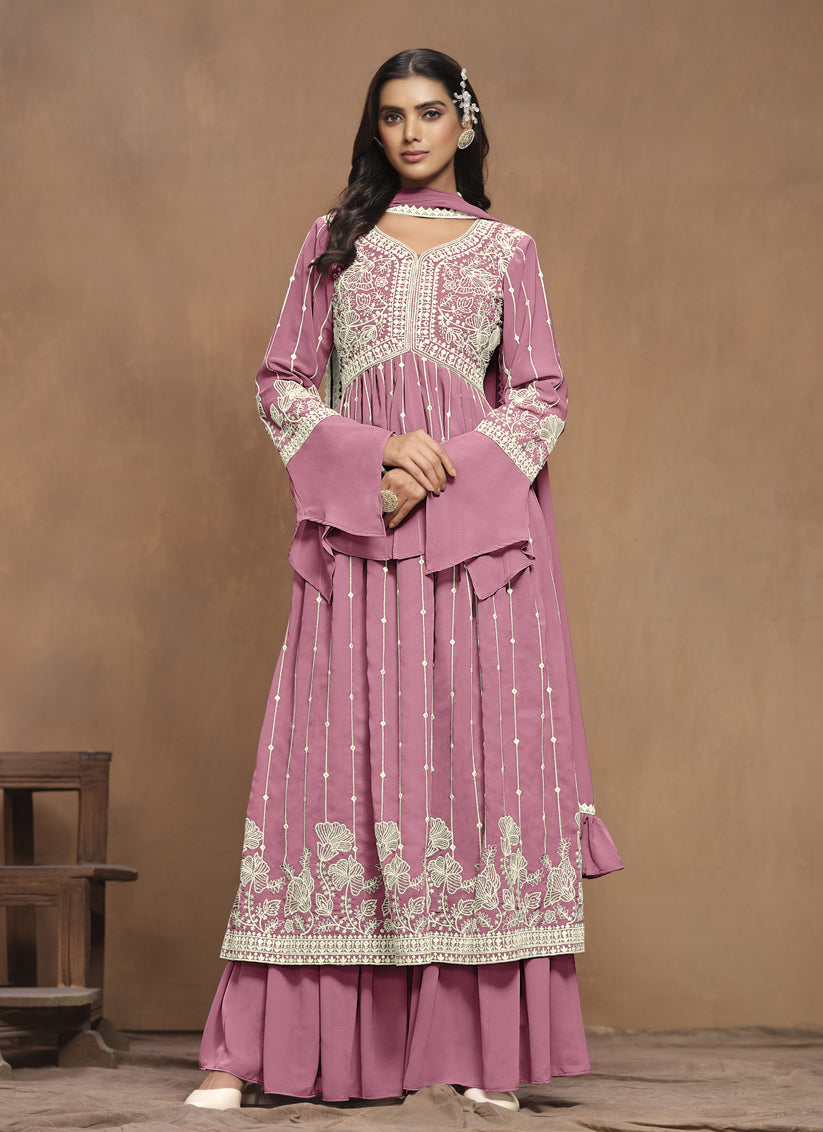 Puce Pink Faux Georgette Embroidered Palazzo Kameez Suit