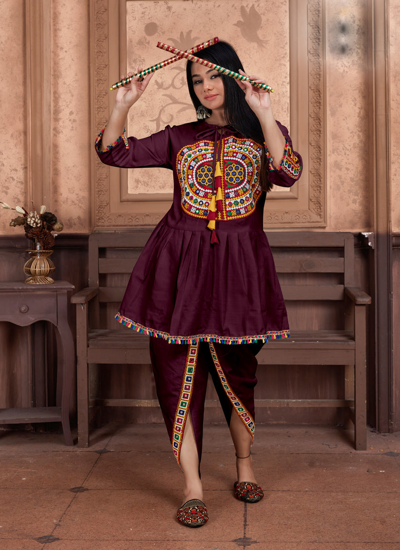 Burgundy Cotton Embroidered Gamthi Kurta with Salwar