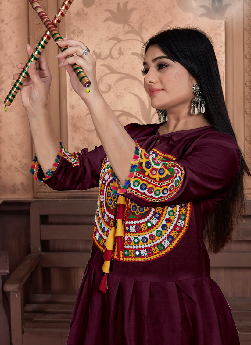 Burgundy Cotton Embroidered Gamthi Kurta with Salwar