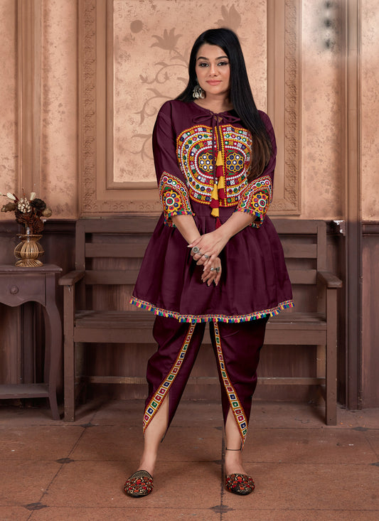 Burgundy Cotton Embroidered Gamthi Kurta with Salwar