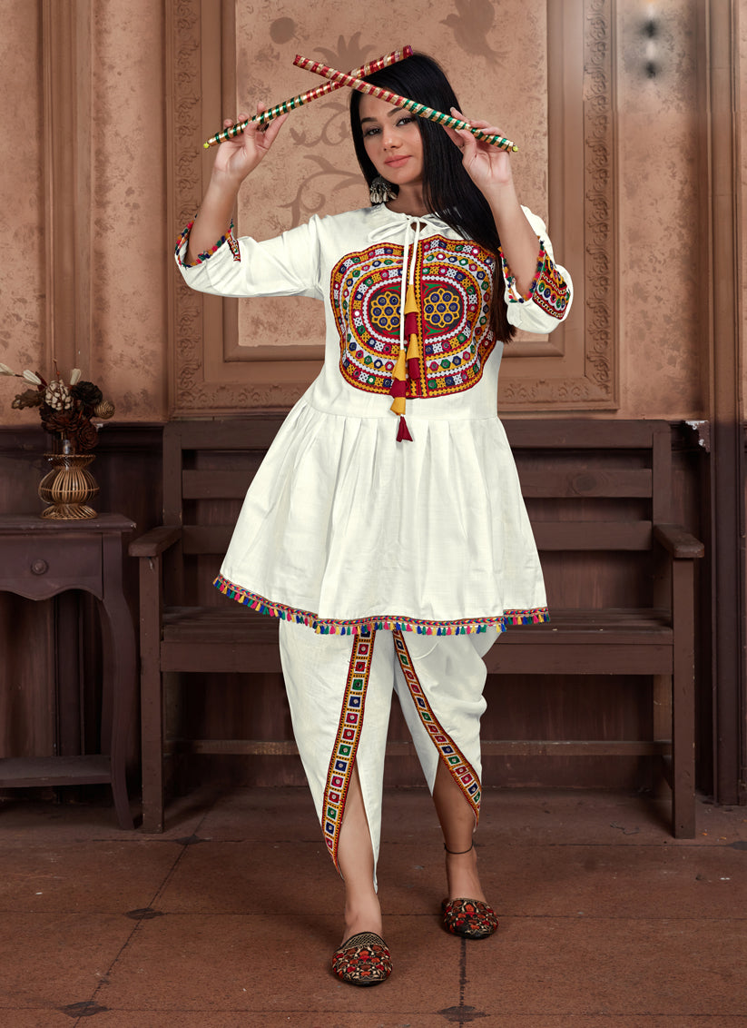 Off White Cotton Embroidered Gamthi Kurta with Salwar