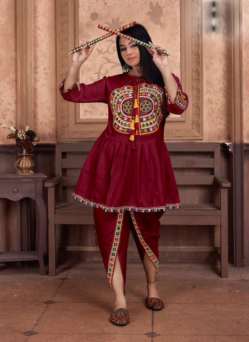 Maroon Cotton Embroidered Gamthi Kurta with Salwar