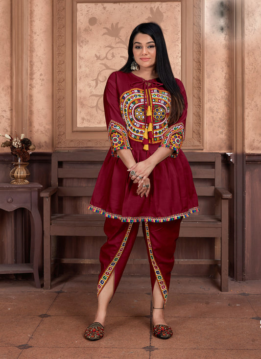 Maroon Cotton Embroidered Gamthi Kurta with Salwar