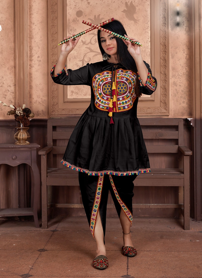 Black Cotton Embroidered Gamthi Kurta with Salwar