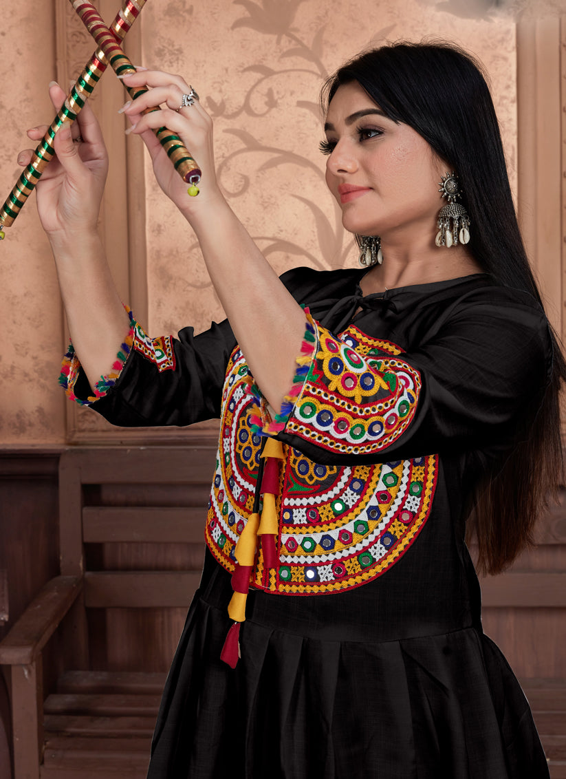 Black Cotton Embroidered Gamthi Kurta with Salwar