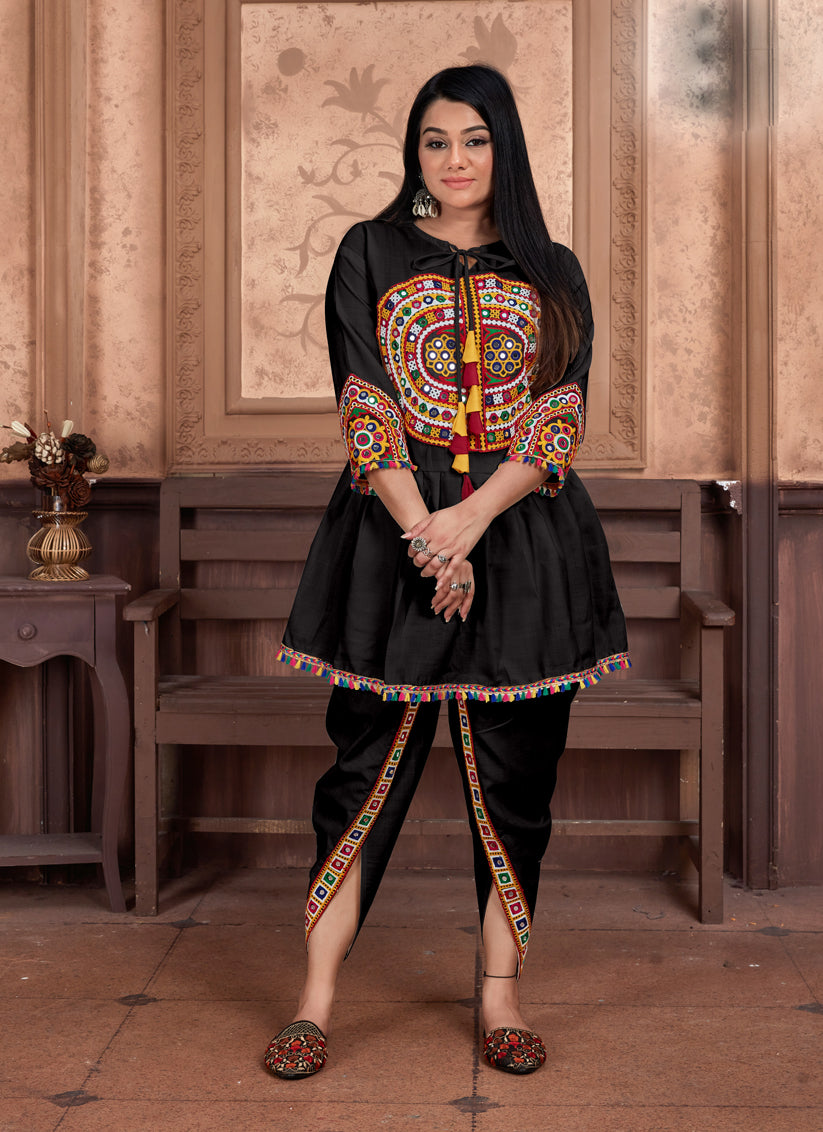 Black Cotton Embroidered Gamthi Kurta with Salwar