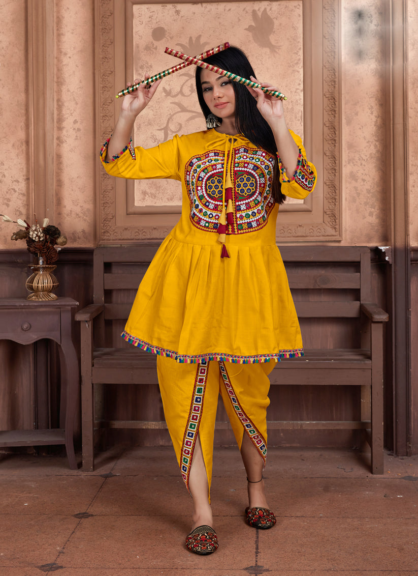 Golden Yellow Cotton Embroidered Gamthi Kurta with Salwar