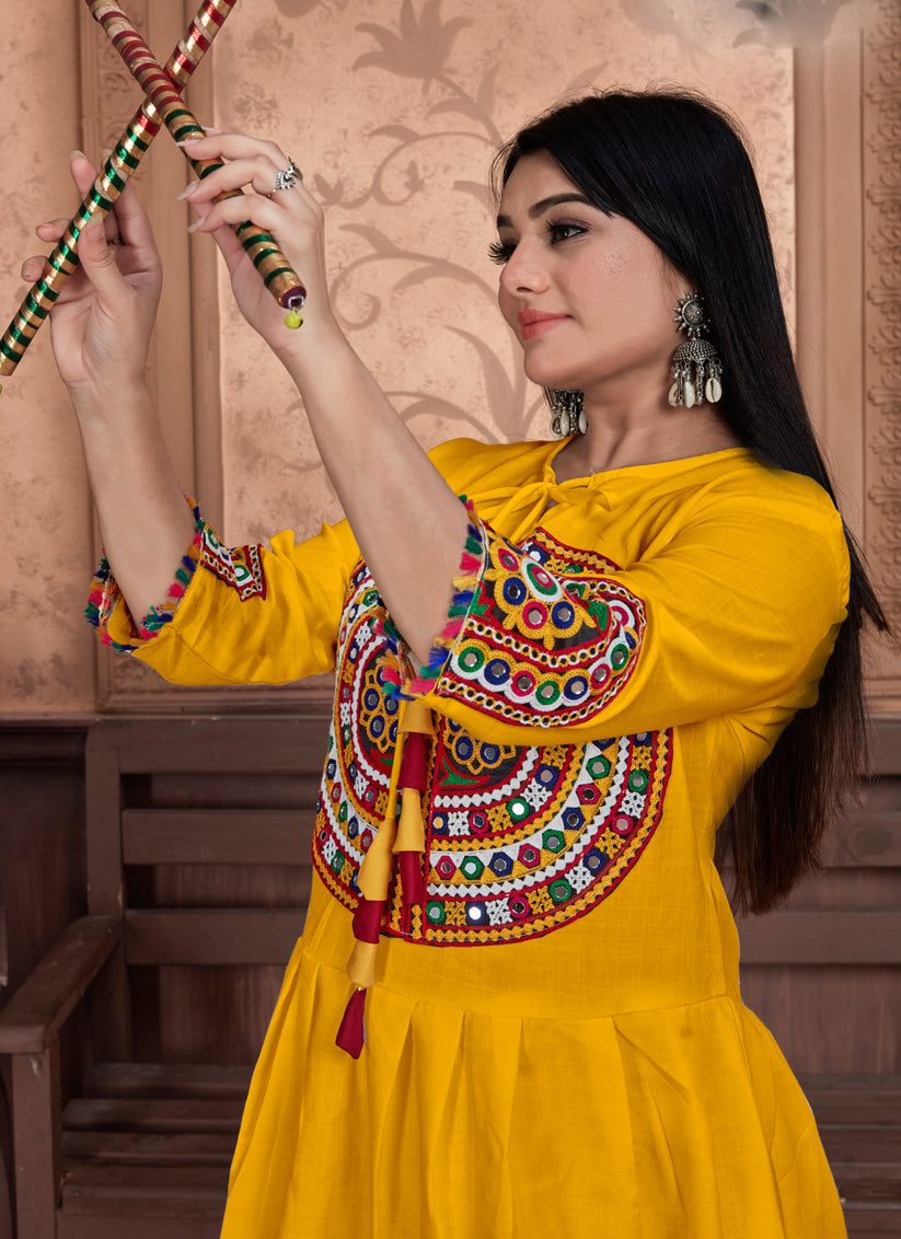 Golden Yellow Cotton Embroidered Gamthi Kurta with Salwar