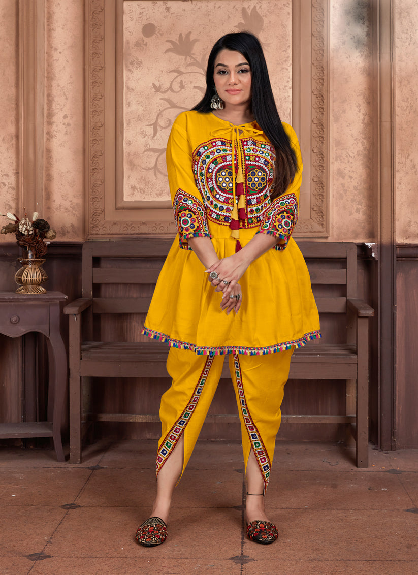 Golden Yellow Cotton Embroidered Gamthi Kurta with Salwar