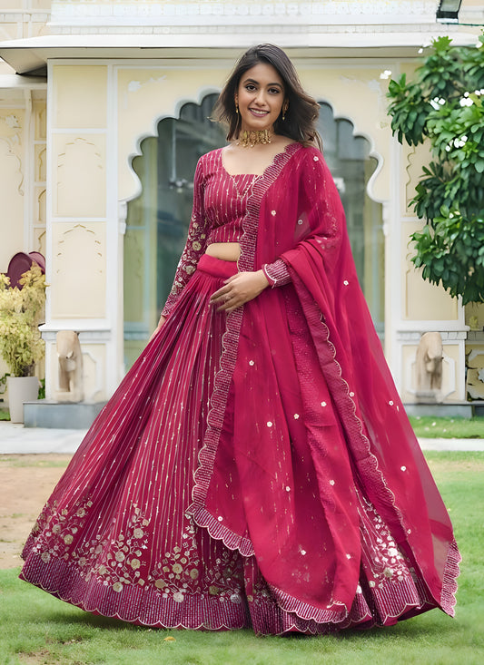 Raspberry Pink Faux Georgette Embroidered Lehenga Choli Set