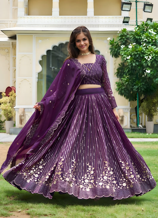 Purple Faux Georgette Embroidered Lehenga Choli Set