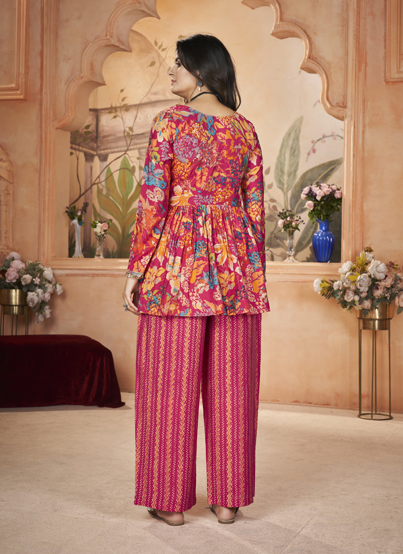 Rani Pink Silk Printed Readymade Palazzo Kameez