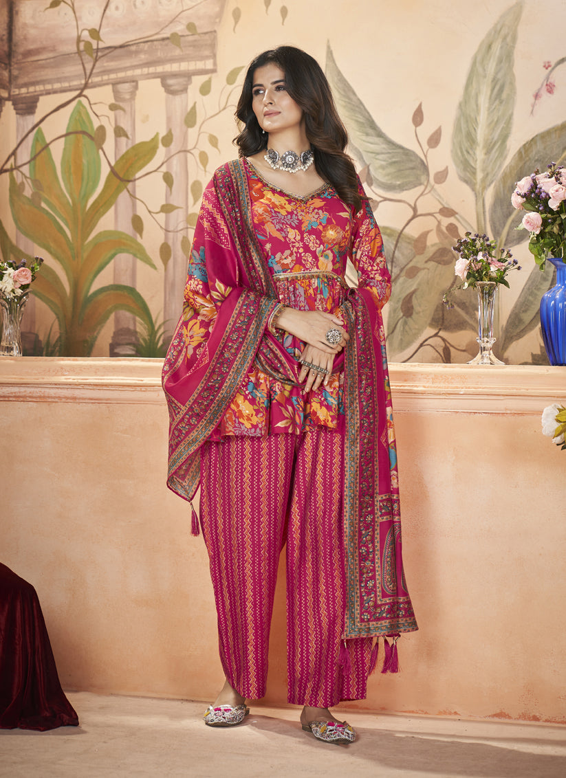 Rani Pink Silk Printed Readymade Palazzo Kameez