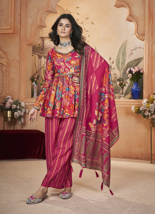 Rani Pink Silk Printed Readymade Palazzo Kameez