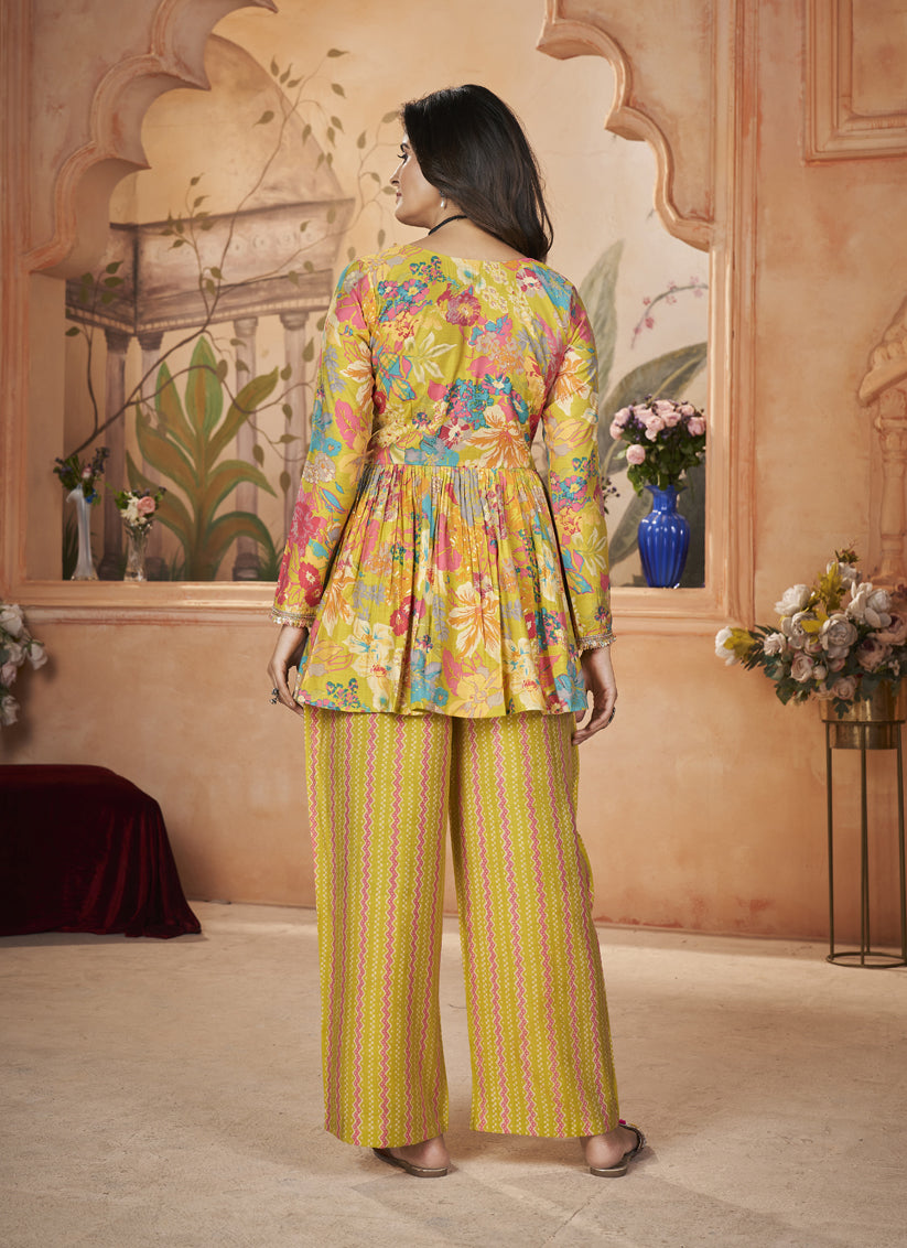 Maize Yellow Silk Printed Readymade Palazzo Kameez