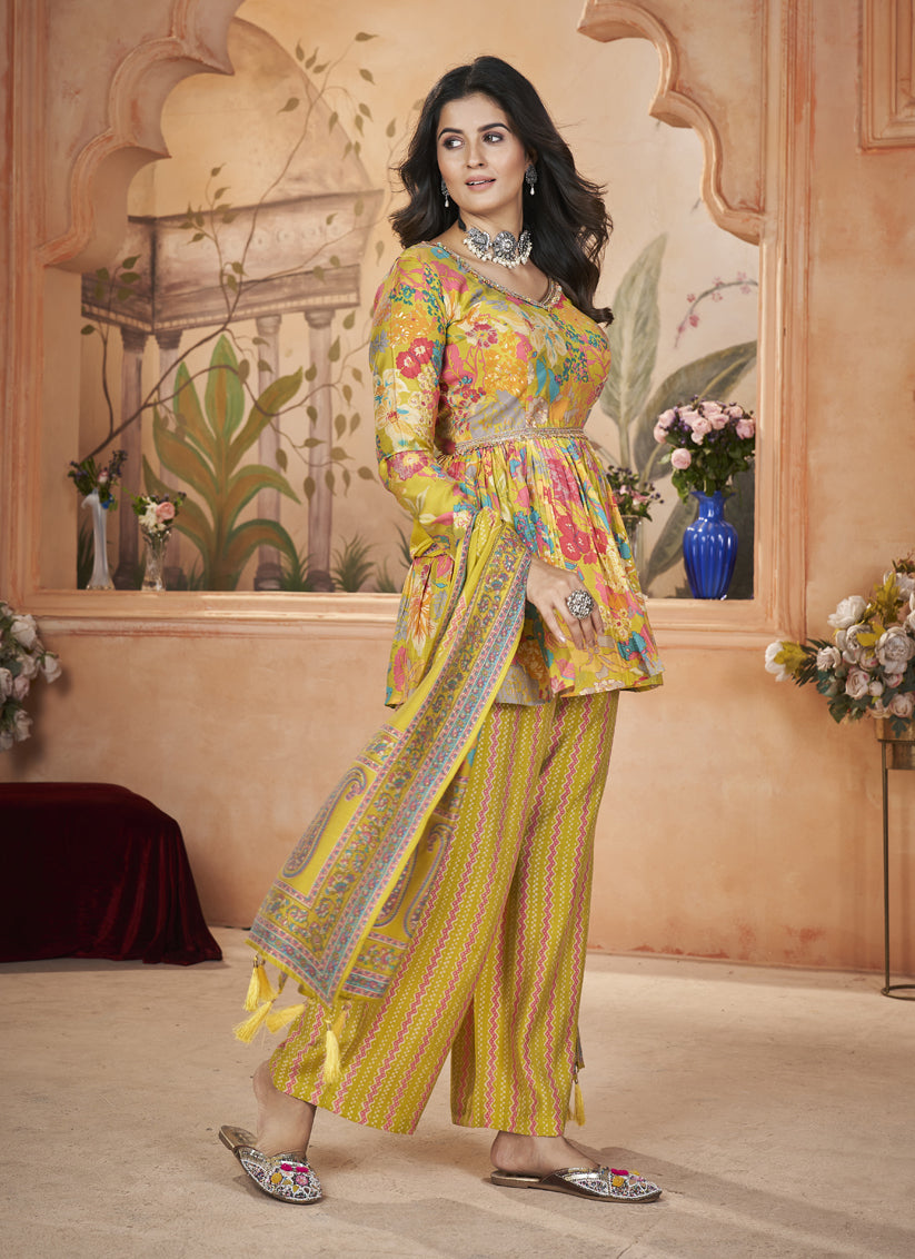 Maize Yellow Silk Printed Readymade Palazzo Kameez