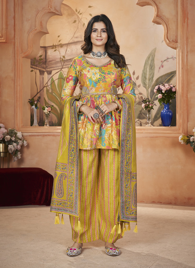 Maize Yellow Silk Printed Readymade Palazzo Kameez