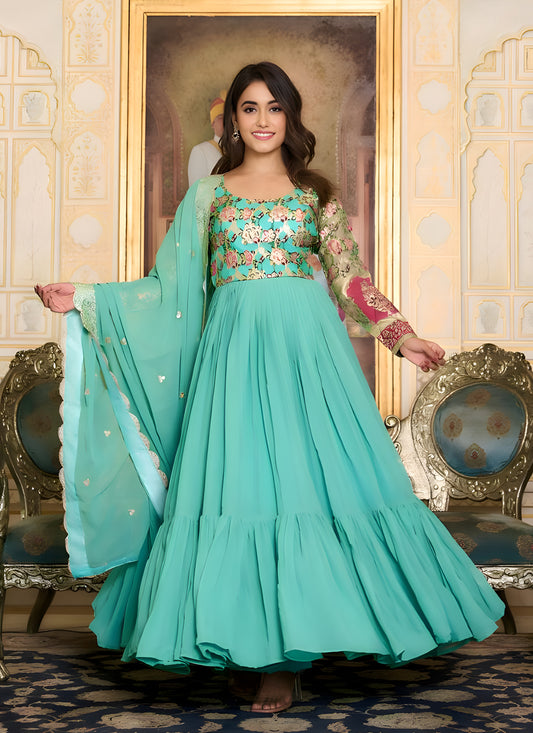 Sea Green Faux Georgette Gown with Dupatta