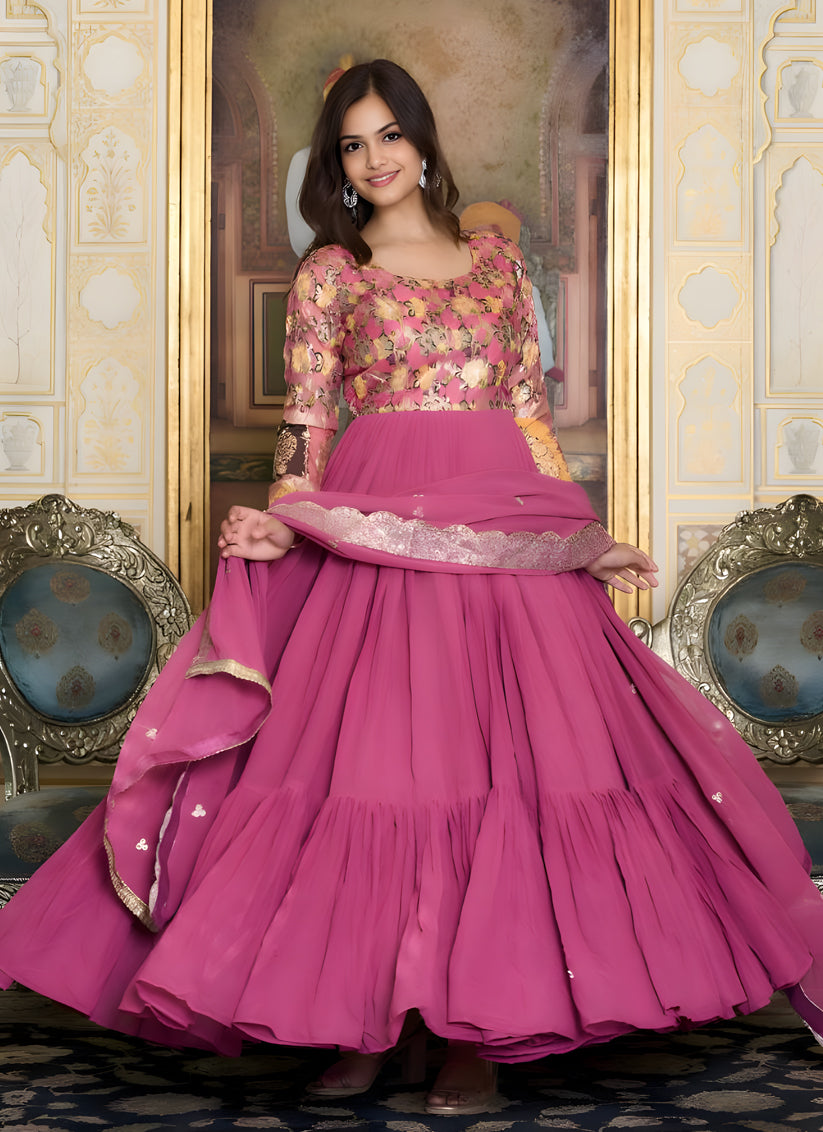 Hot Pink Faux Georgette Gown with Dupatta