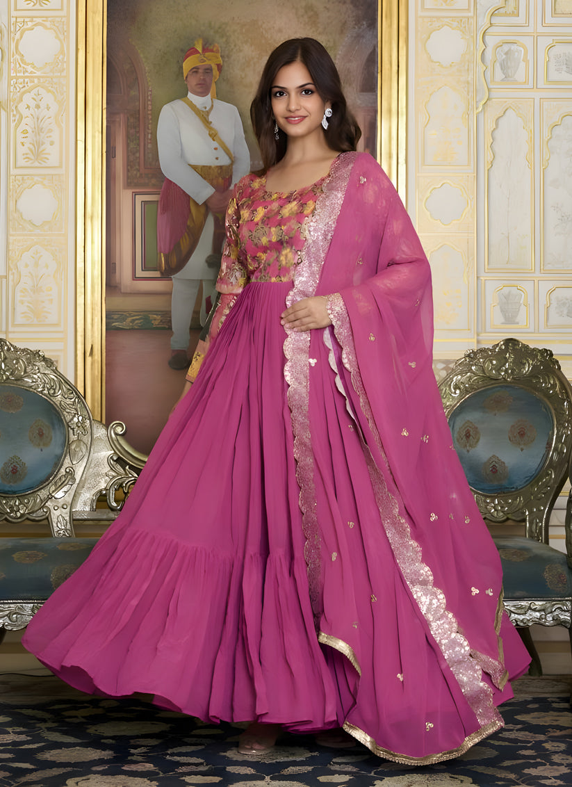 Hot Pink Faux Georgette Gown with Dupatta