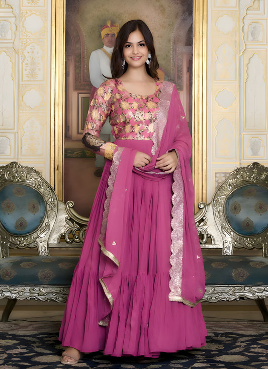 Hot Pink Faux Georgette Gown with Dupatta