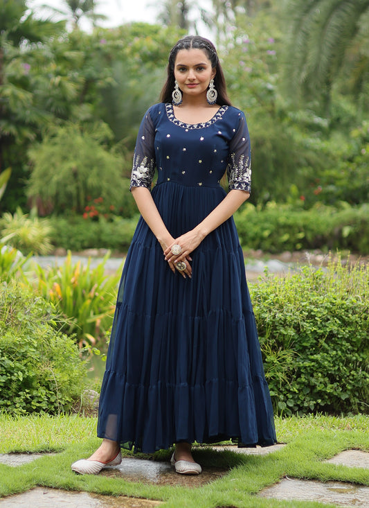 Peacock Blue Readymade Designer Gown