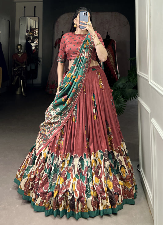 Rust Tussar Silk Kalamkari Printed Chaniya Choli