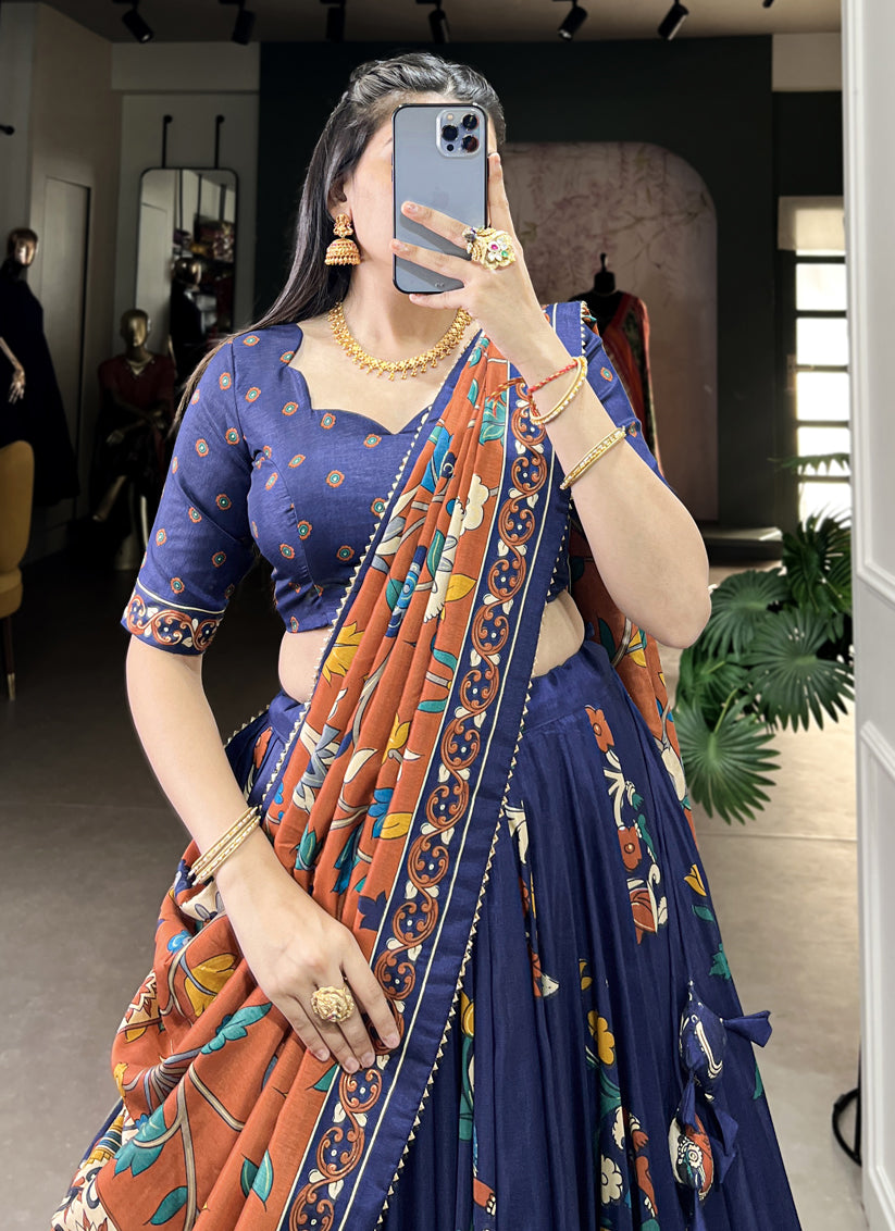 Navy Blue Tussar Silk Kalamkari Printed Chaniya Choli