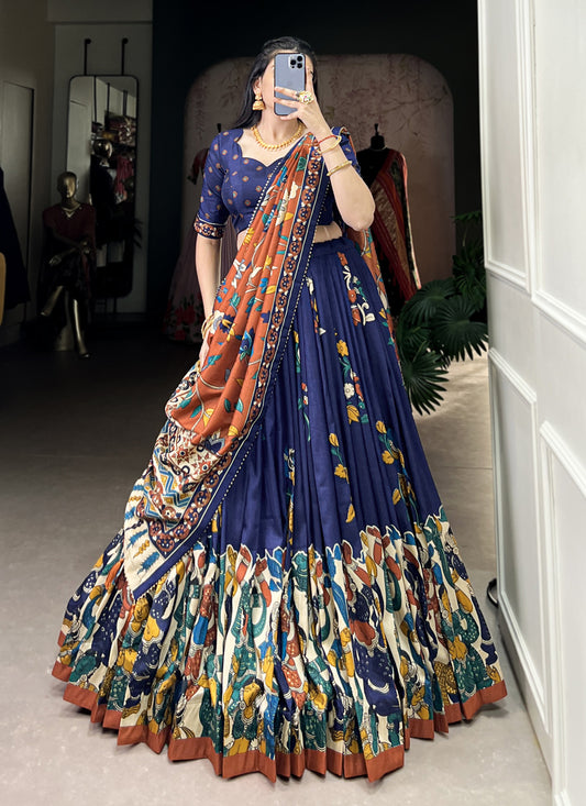 Navy Blue Tussar Silk Kalamkari Printed Chaniya Choli
