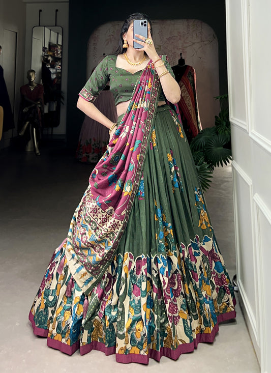 Green Tussar Silk Kalamkari Printed Chaniya Choli