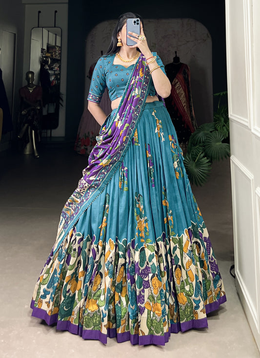 Sky Blue Tussar Silk Kalamkari Printed Chaniya Choli
