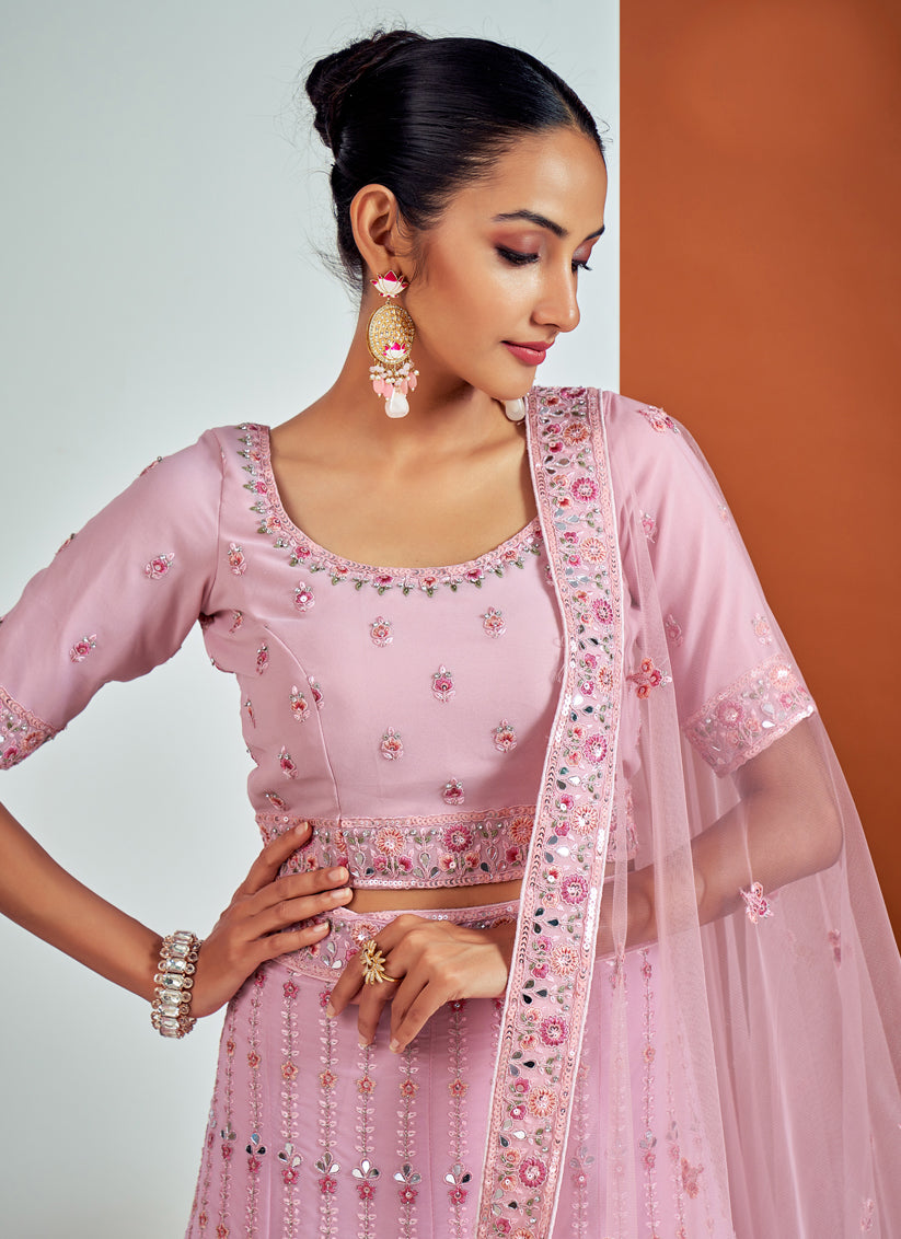 Pink Georgette Embroidered Designer Lehenga Choli