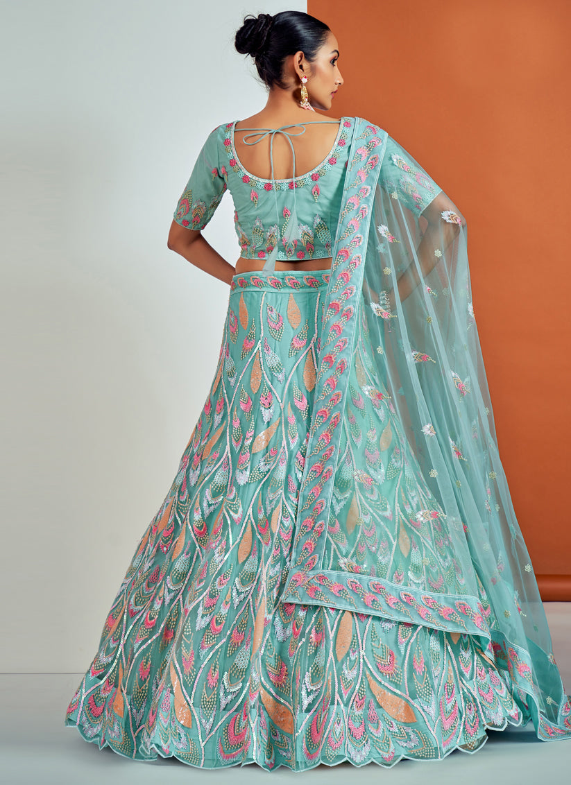 Aqua Blue Net Embroidered Designer Lehenga Choli