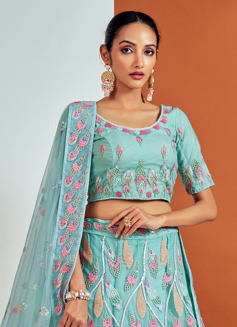 Aqua Blue Net Embroidered Designer Lehenga Choli