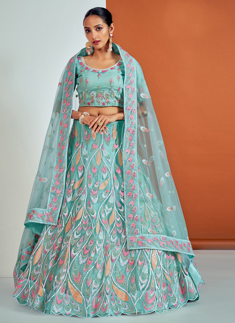 Aqua Blue Net Embroidered Designer Lehenga Choli