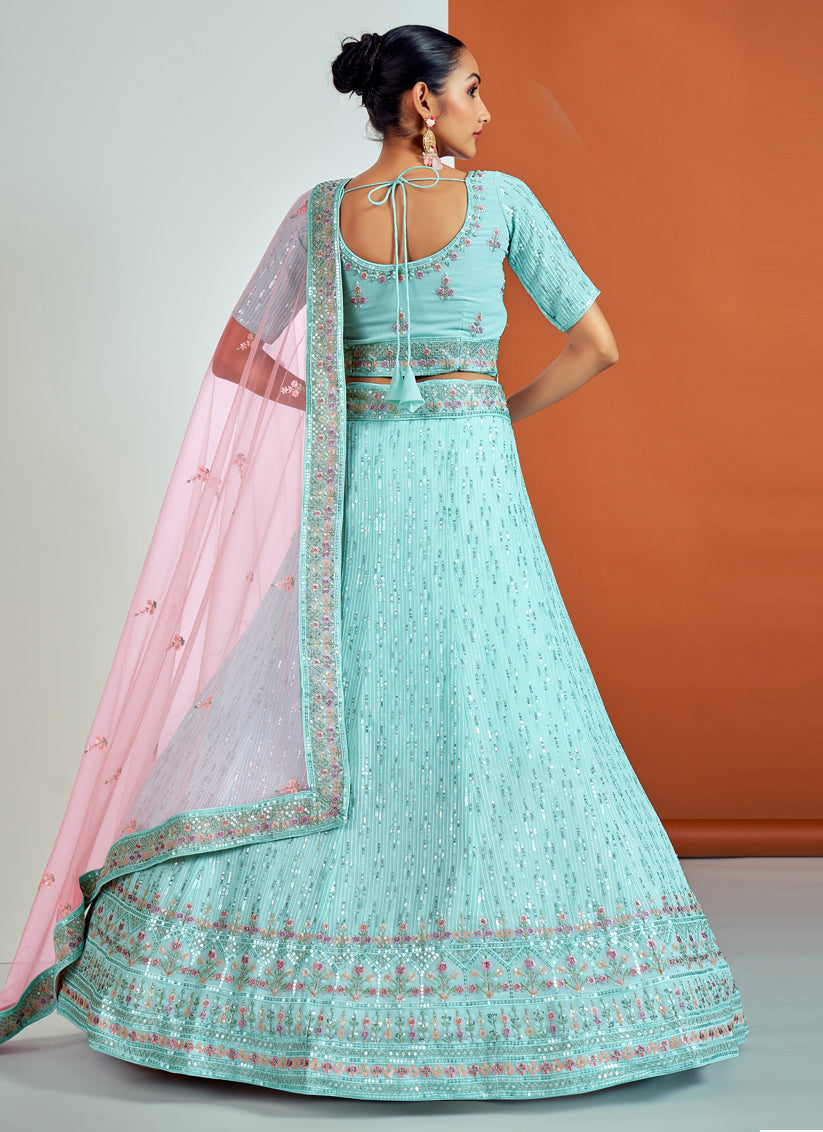 Aqua Blue Georgette Embroidered Designer Lehenga Choli