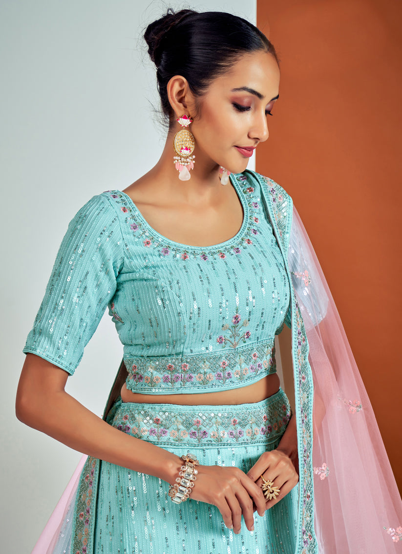 Aqua Blue Georgette Embroidered Designer Lehenga Choli