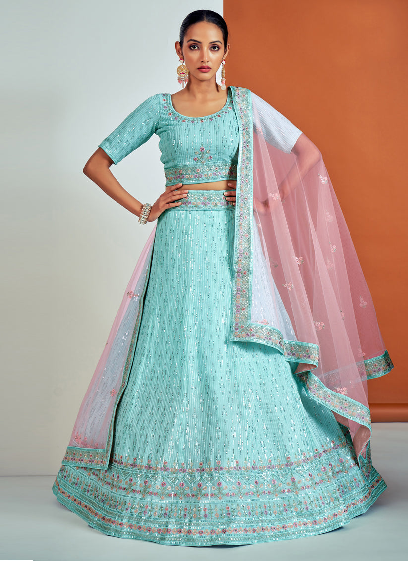 Aqua Blue Georgette Embroidered Designer Lehenga Choli