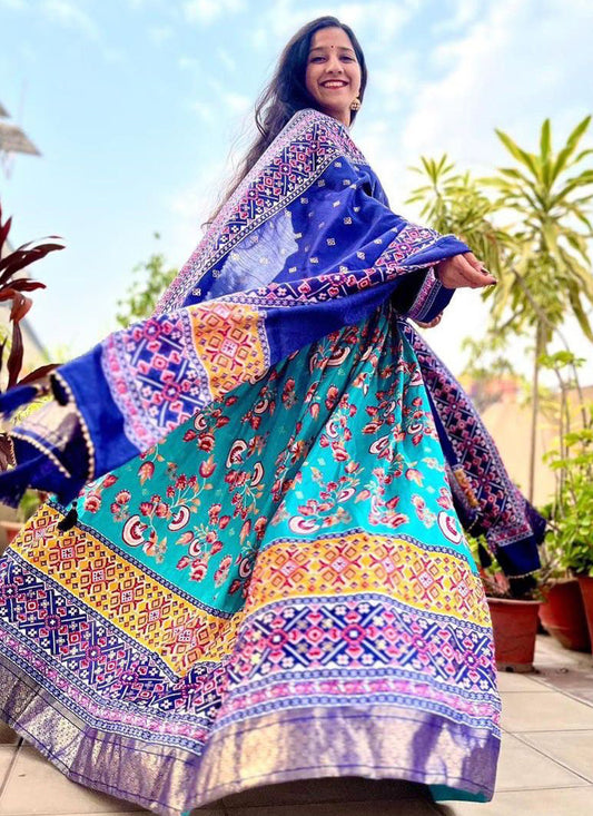 Sky Blue Dola Silk Printed Chaniya Choli