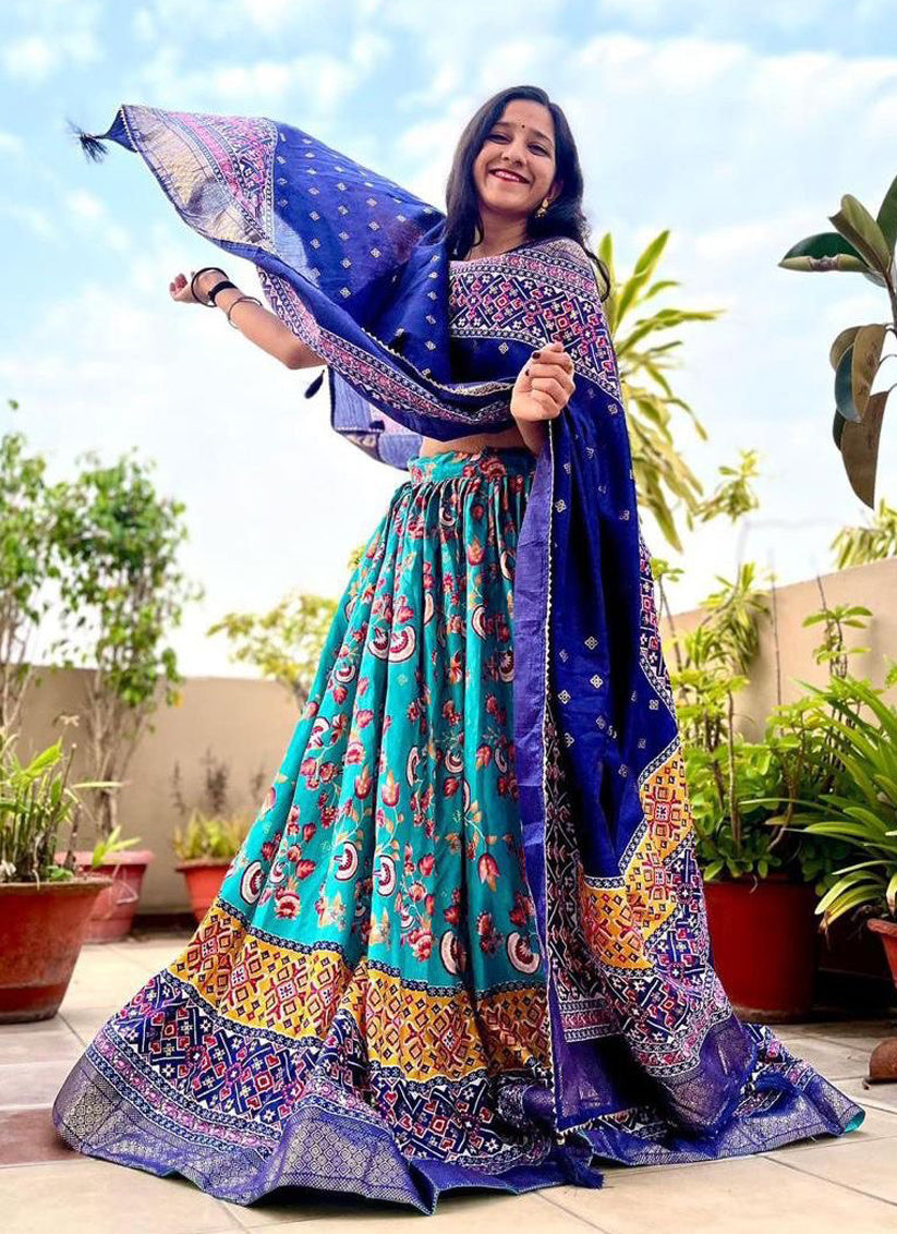 Sky Blue Dola Silk Printed Chaniya Choli