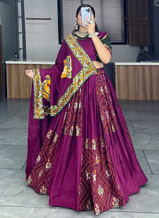 Wine Rayon Cotton Patola Bandhani Print Chaniya Choli
