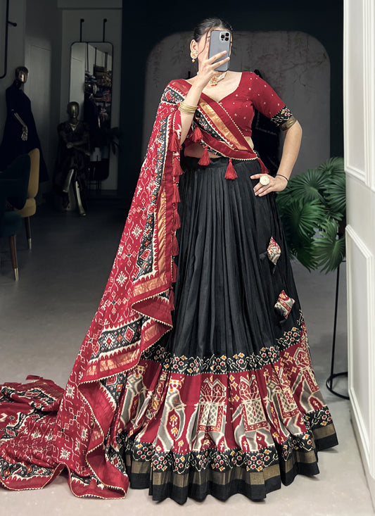 Black Tussar Silk Patola Printed Navratri Special Chaniya Choli