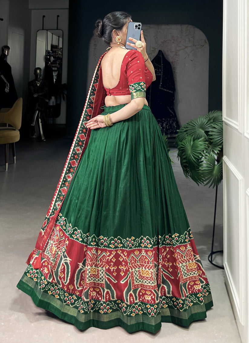 Green Tussar Silk Patola Printed Navratri Special Chaniya Choli