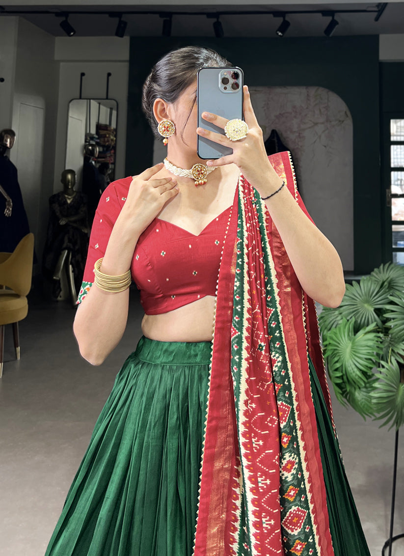 Green Tussar Silk Patola Printed Navratri Special Chaniya Choli
