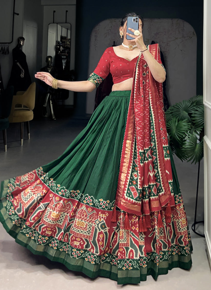 Green Tussar Silk Patola Printed Navratri Special Chaniya Choli
