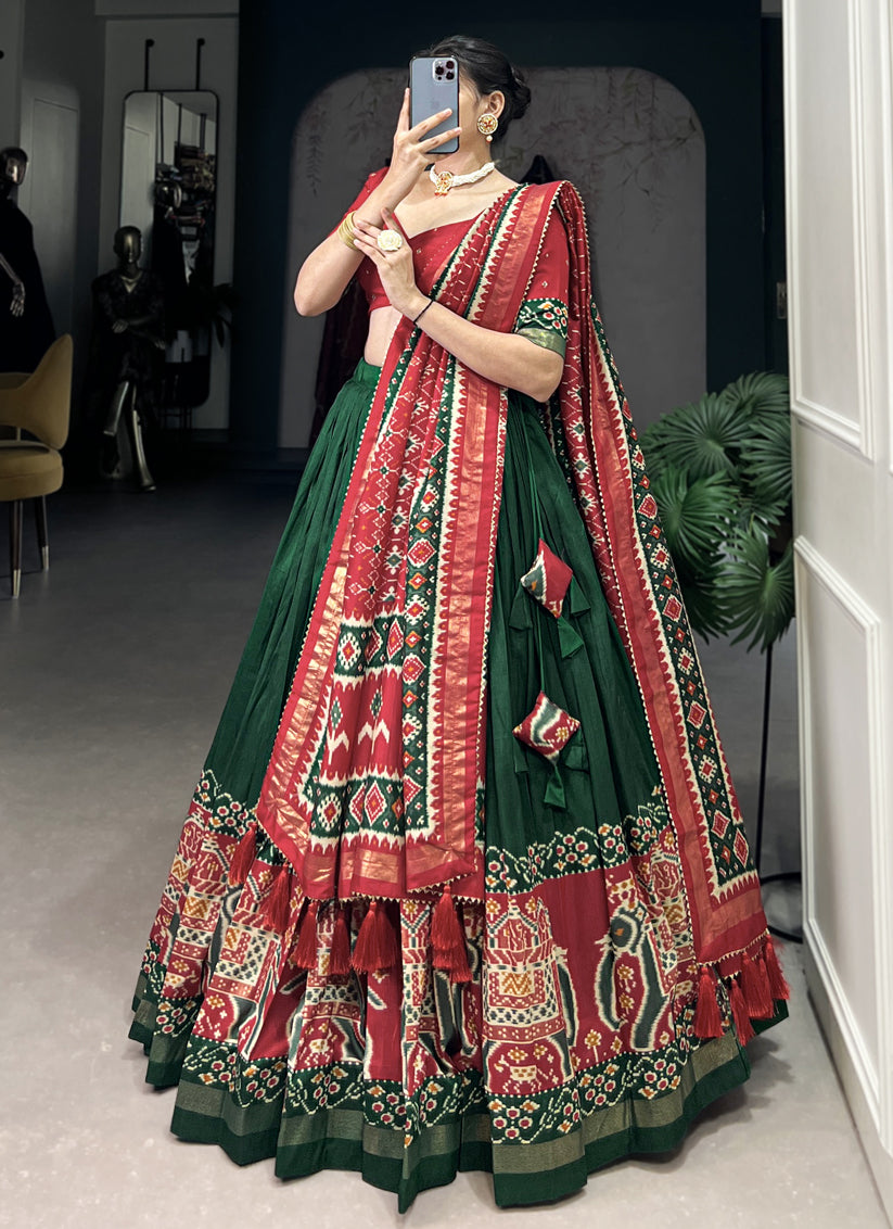 Green Tussar Silk Patola Printed Navratri Special Chaniya Choli